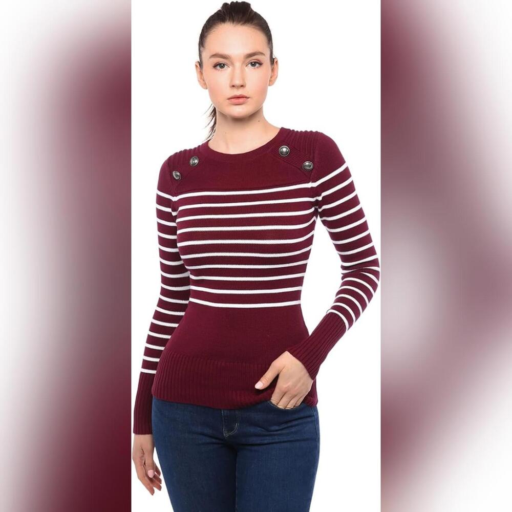 NWT AmelieBoutik Crewneck Striped Military Button Embellished Pullover Sweater,S